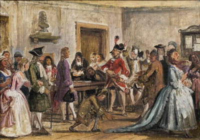 菲利门和他的检察官。Holberg的Det lykkelige skibbrud的场景，第5幕，场景9（1859年同一主题的绘画草图）
