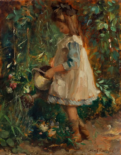 艺术家的女儿阿尔贝丁在花园里浇花