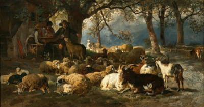 一个牧羊人和他的牛在中午休息