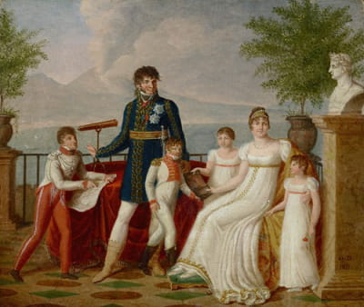 约阿希姆·穆拉特（1767-1815）、他的妻子卡罗琳·波拿巴（1782-1839）及其家人的肖像，以及远处的那不勒斯