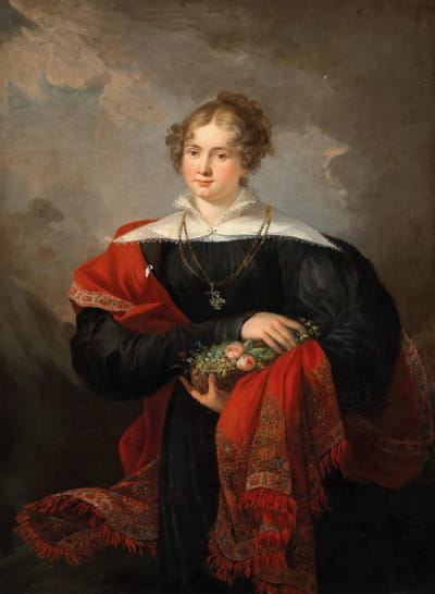 鲜花和腰果披肩的贵族妇女肖像
