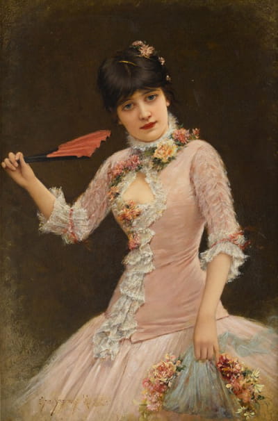一位身穿粉色连衣裙的年轻女士的肖像