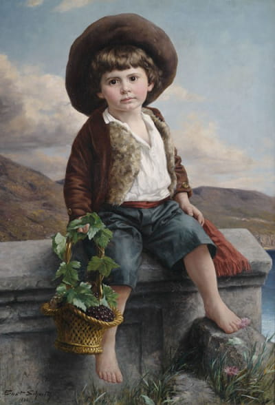 一个农民男孩的肖像，墙上挂着一篮子葡萄