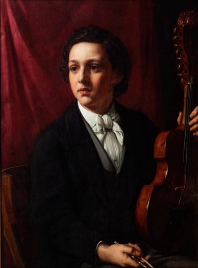 一位年轻的音乐家拉着小提琴。龙女士的肖像（1854-1914）