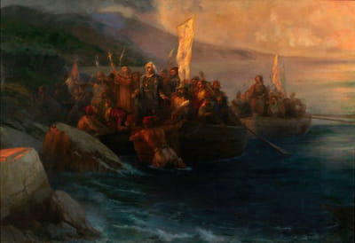 1492年10月12日，星期五，日出时分，克里斯托弗·哥伦布和他的同伴们三次出发，同一天，在一个名叫圣萨尔瓦多的美国岛屿上