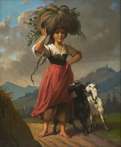 农民女孩带着两只山羊，背着一捆干草