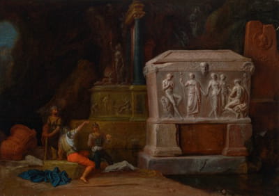 士兵们与阿波罗和马斯亚斯一起在一个古老的石棺旁休息