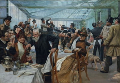 斯堪的纳维亚艺术家在巴黎Ledoyen咖啡馆的午餐；涂漆日1886