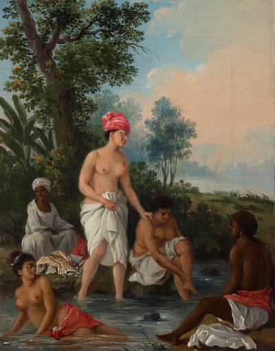 多米尼加自由女性在溪流中洗澡
