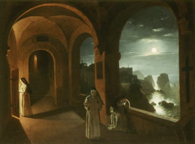 塞托萨岛回廊中的修女，俯瞰月光下的法拉利奥尼海，卡普里