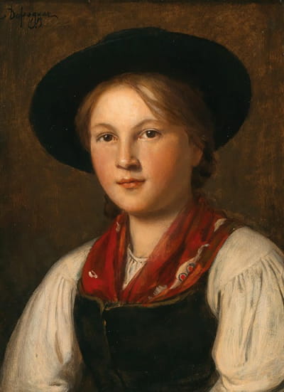 一个优雅的年轻女孩，穿着传统服装，戴着帽子