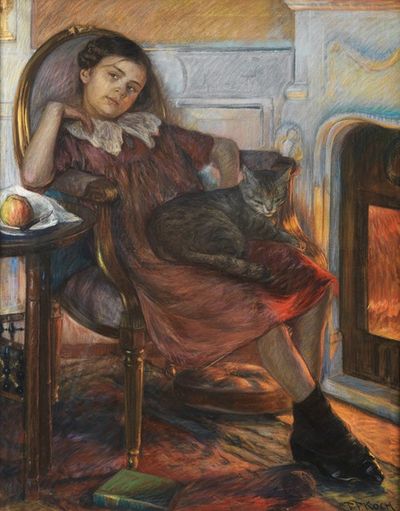 壁炉旁抱猫的少女