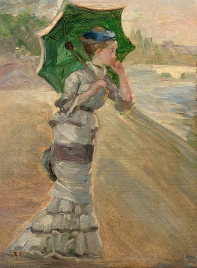 为《En bateau (Sisley et sa femme)》所作的优雅女士持伞画像研究