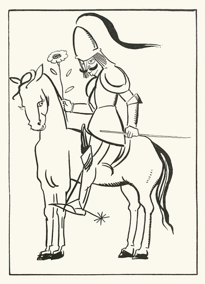 A cavalier mounted on a large steed