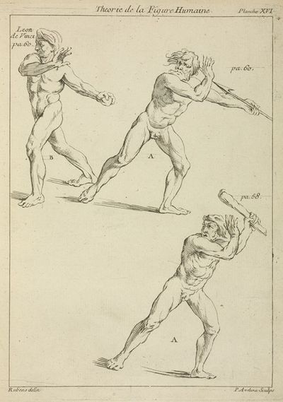 Three male figures in twisting positions