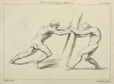Two figures straining against a post