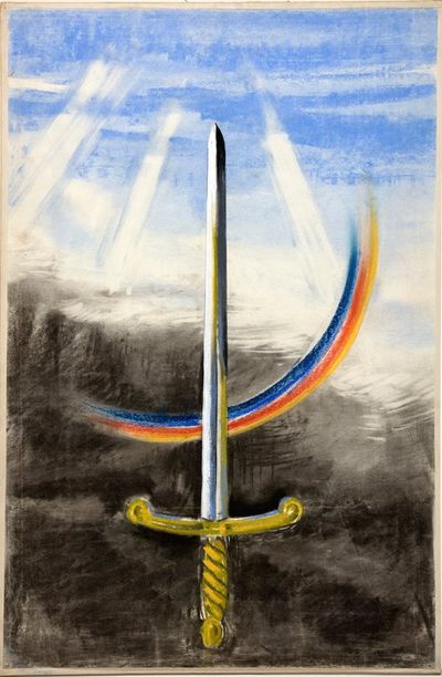 A sword pointing vertically upwards, on a section of rainbow