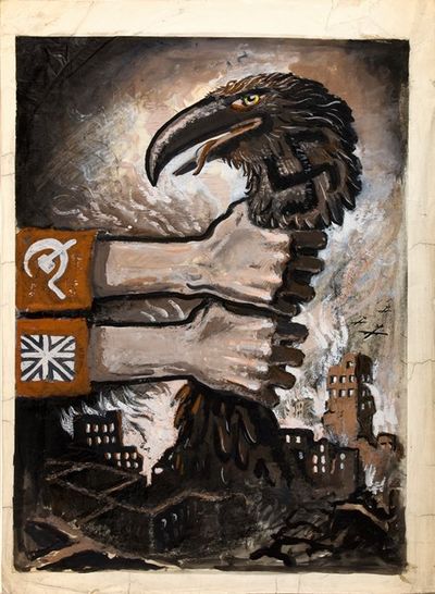 British and Soviet arms grasping neck of predatory bird arising from the ruins of bombed town