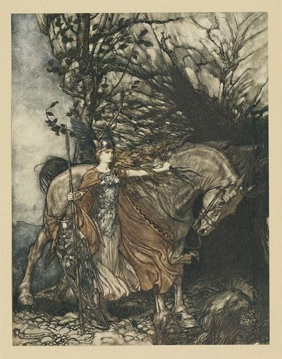Brunnhilde with her horse, at the mouth of the cave