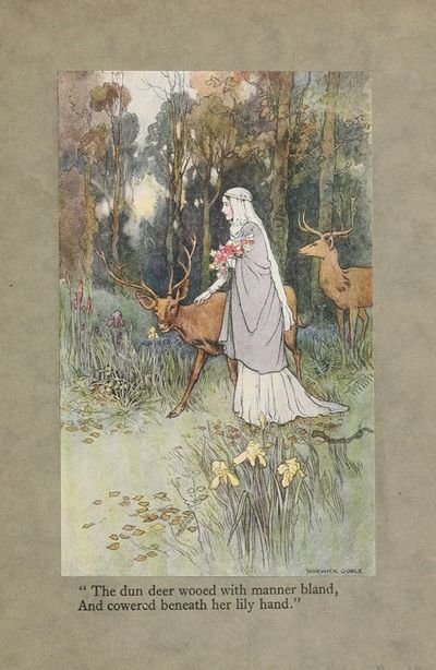 ‘The dun deer wooed with manner bland, And cowered beneath her lily hand.’