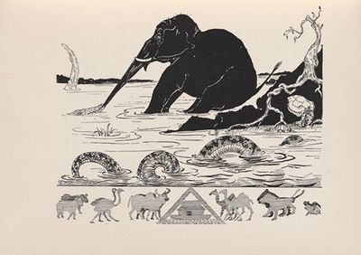 This is the Elephant’s Child having his nose pulled by the Crocodile