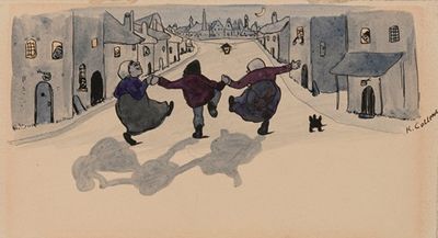 Three Dancing Figures in a Nocturnal Village