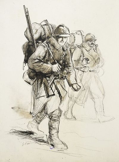 Deux soldats marchant sur la droite portant leur barda