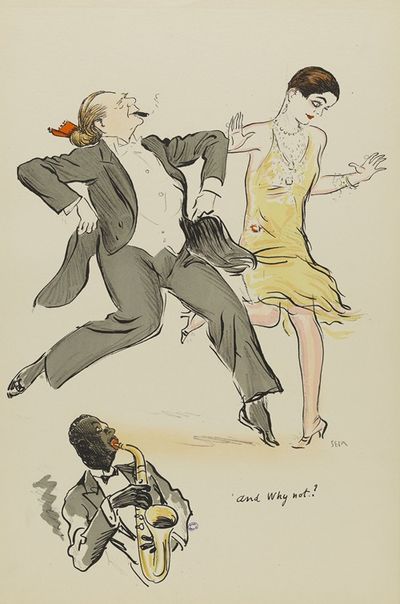 Homme au catogan rouge et femme à la robe jaune dansant