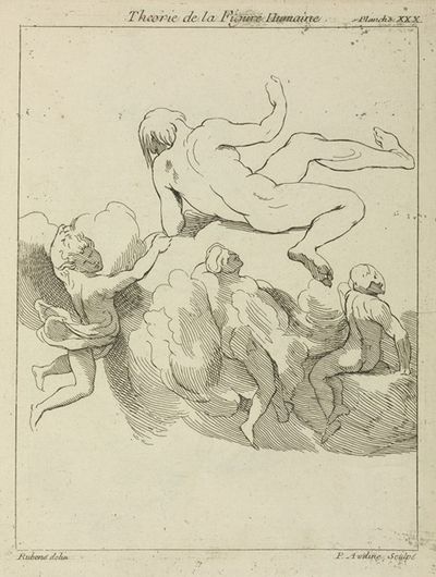 Four figures in floating positions, three amidst clouds