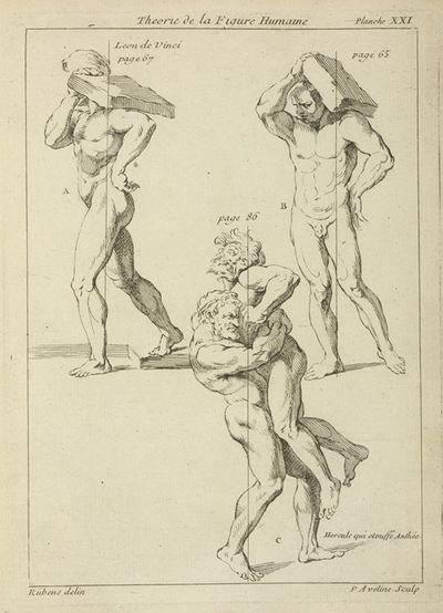 Four male figures; two bearing large books on their shoulders and the other two wrestling