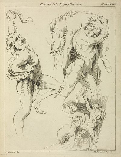Four studies of figures; one wrestling with a snake, one lifting a dead boar, and two ‘Atlas’ figures lifting a globe