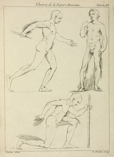 Three male figures, one striding and one kneeling