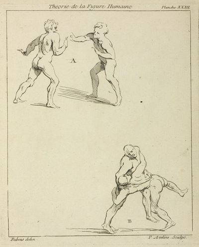 Two pairs of figures; one pair extending right arms toward each other, the other pair wrestling
