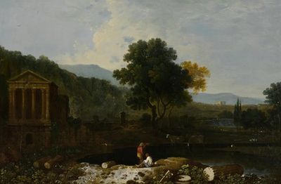 意大利河流场景，有克利图姆努斯神庙和废墟，两个人物和奶牛