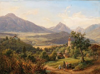 Dorf Arzl und der Kalvarienberg von Innsbruck mit Ansicht Schloß Anna, heiligen Wasser, der Waldraster-Spitze und kleinen Stubayer Ferner