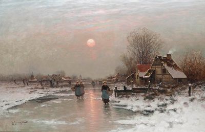 日落时分，荷兰农民在结冰的水道上劳作
