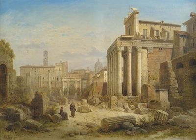 塞普蒂米乌斯·塞弗勒斯拱门和福斯蒂纳和安东尼·皮乌斯神庙的罗马论坛视图