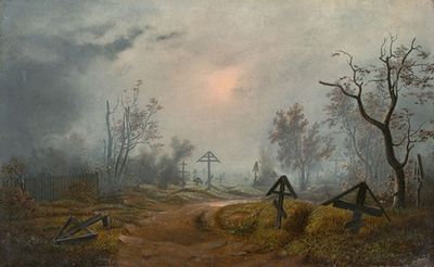 俄罗斯墓地上空的薄雾