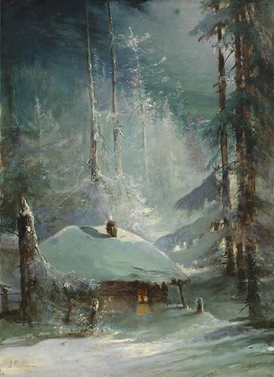 冬日森林中的小屋物体类型绘画