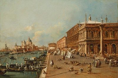 Venice; The Molo with the Libreria, the Punta della Dogana and Santa Maria della Salute