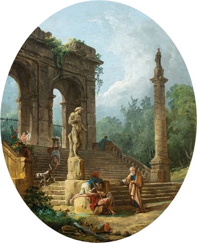 一座古典拱廊和一根柱子上的人物在雕像前交谈