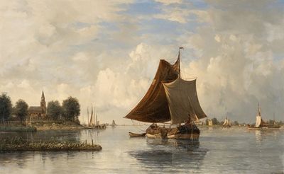 带帆船的荷兰河流景观