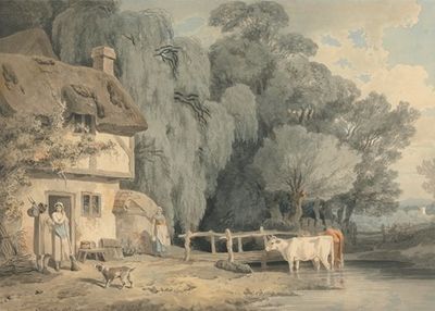乡村场景；小屋门旁的人物和溪流中的牛