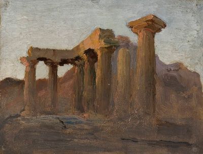 日出时科林斯的阿波罗神庙。从希腊之旅