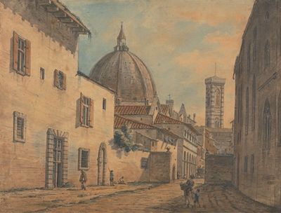 佛罗伦萨的一条街道，背景是大教堂和钟楼