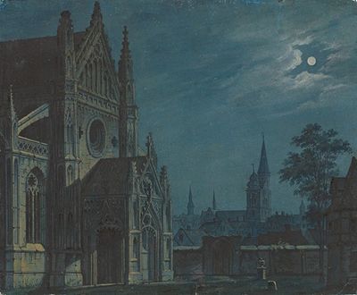 带有丰富马赛克的哥特式教堂庭院上方的月光