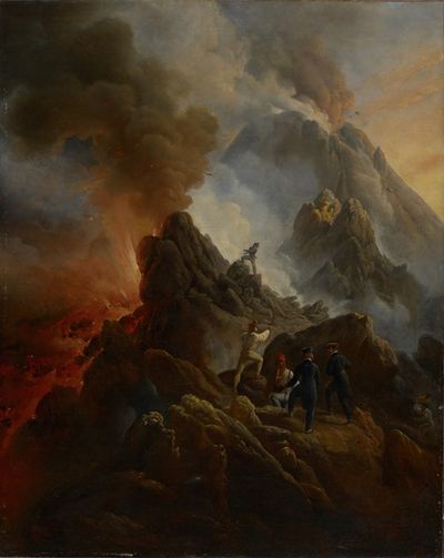 维苏威火山爆发，艺术家和他的父亲Carle Vernet在前台