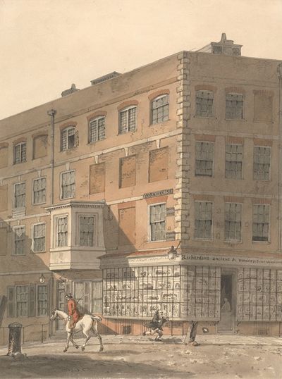 约克大厦（York House），维利尔斯街（Villiers Street）和斯特兰德街（Strand）的拐角处，前景是理查德森（Richardson）的古代和现代印刷仓库
