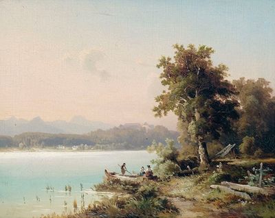 清晨在基姆塞湖（Lake Chiemsee）进行比赛，欣赏赫雷宁塞尔（Herrenisel）的景色