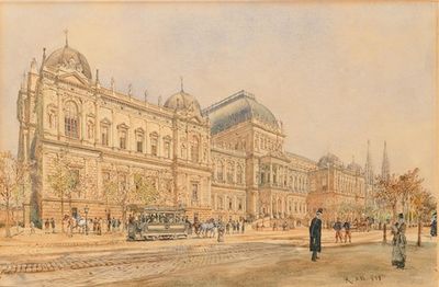 位于Ringstrasse的维也纳大学，配有马拉电车和雕像，是1878年仍在建设中的建筑（由Heinrich von Ferstel 1873-1884年建造）的视图